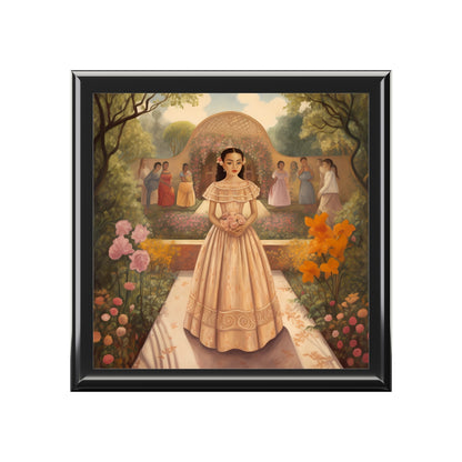 Quinceanera jewelry box — blush-gowned young woman in a walled rose garden on the glossy lid