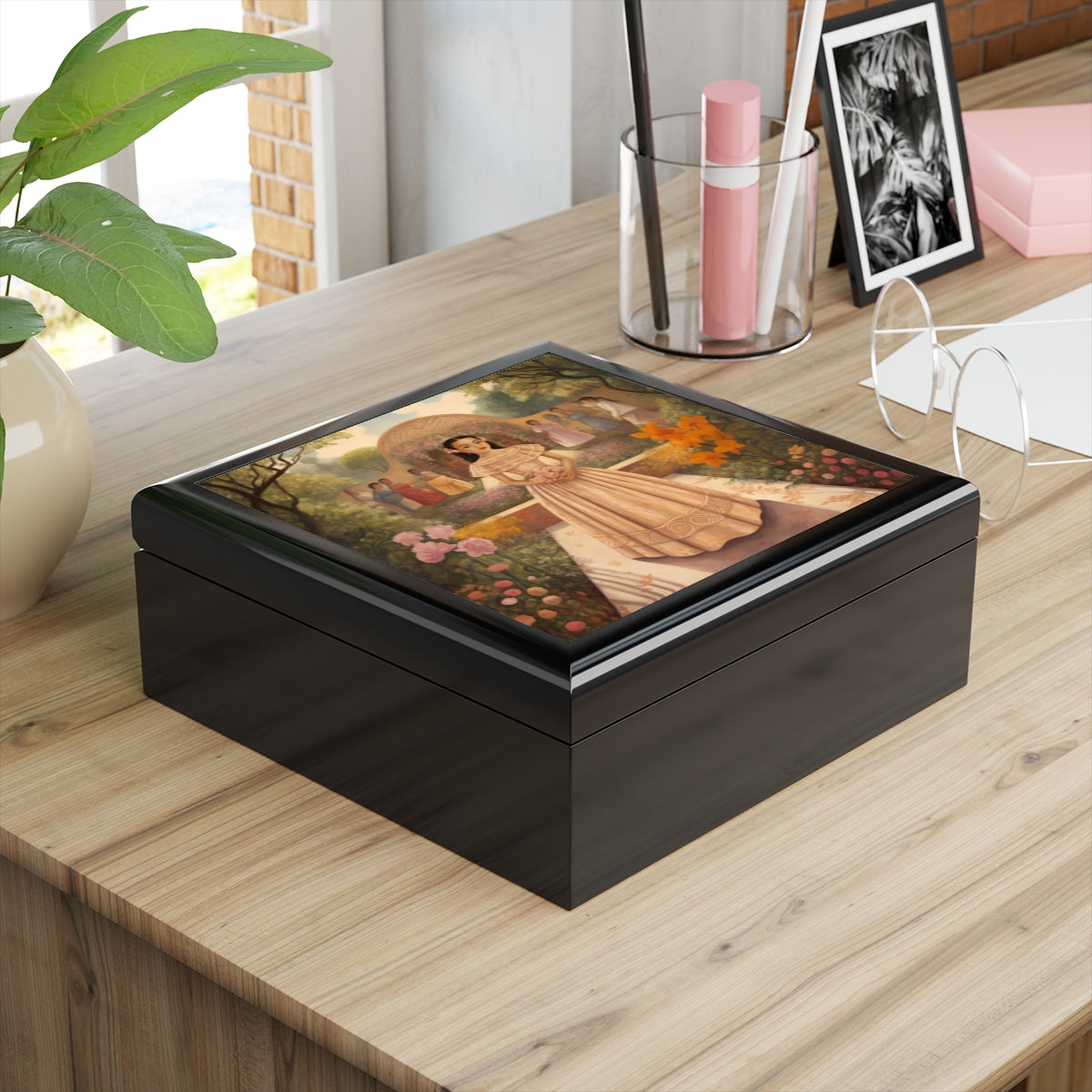 Quinceanera jewelry box on a dresser, felt-lined rubberwood with glossy printed lid