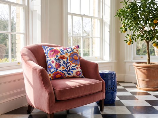 Regal Blossom square throw pillow in a bright Georgian sunroom