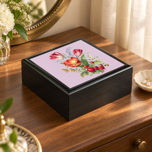 Vintage Tulip Trio Treasure Jewelry Box on a warm walnut vanity with linen curtains and brass mirror.