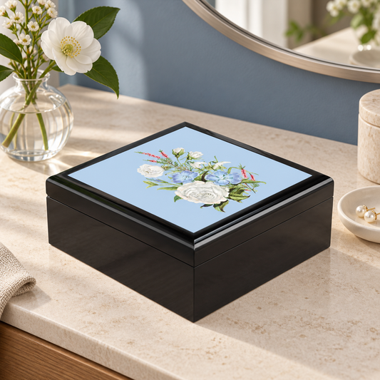 Vintage White & Blue Blossoms Jewelry Box — original lifestyle photograph on a styled dressing table, with the printed lid fully visible.