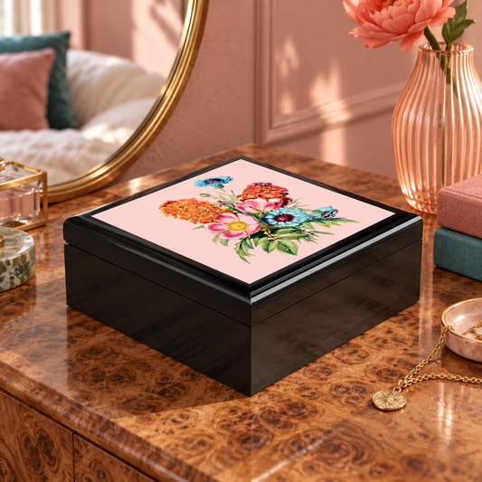 Vintage Botanical Floral Jewelry Box — original lifestyle photograph on a styled dressing table, with the printed lid fully visible.