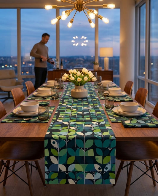 1960s Groovy Mod table runner styled straight-on with matching placemats and napkins