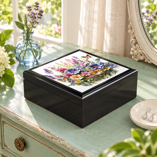 Whimsical Wings & Wildflowers Jewelry Box — original lifestyle photograph on a styled dressing table, with the printed lid fully visible.