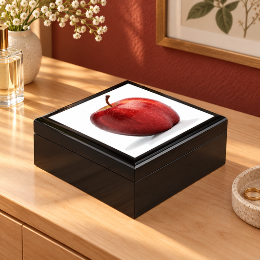 An Apple a Day ... Jewelry Box — original lifestyle photograph on a styled dressing table, with the printed lid fully visible.