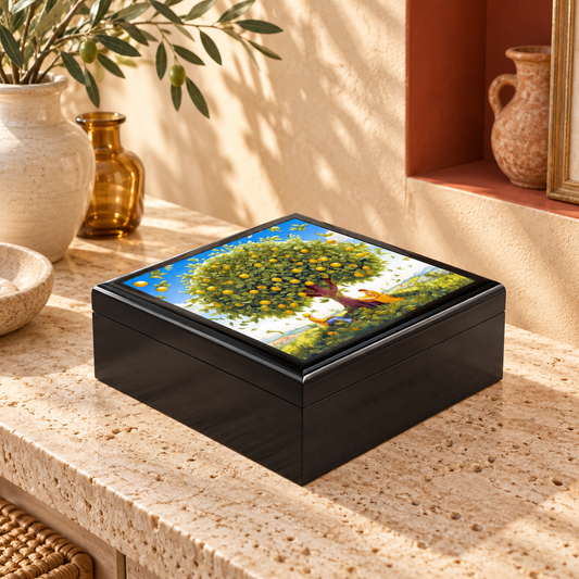 Lovely Lemon Tree Jewelry Box — original lifestyle photograph on a styled dressing table, with the printed lid fully visible.