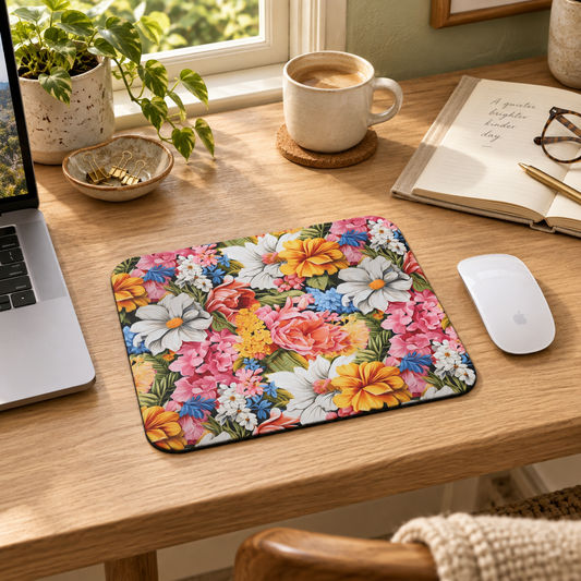 Chic Floral Mouse Pad in a warm home workspace with a white Apple mouse.