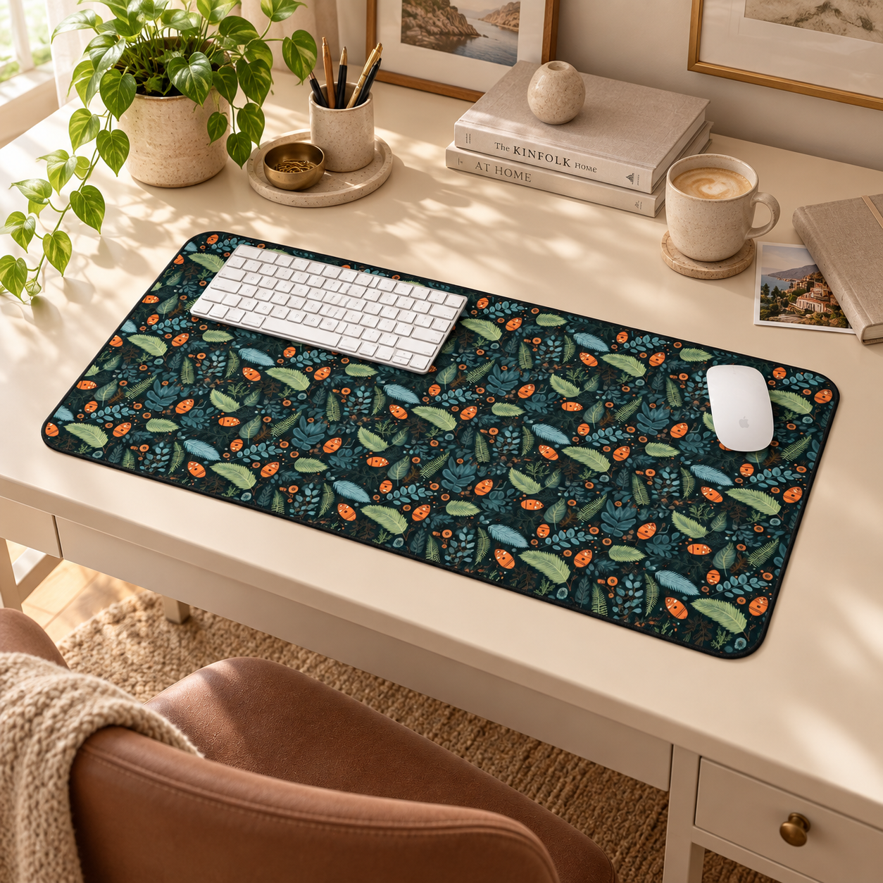Mysterious Ferns Desk Mat (Desk Pad) in a warm home workspace with a white Apple mouse.