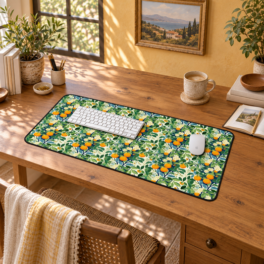 Happy Oranges & Blossoms Desk Mat (Desk Pad) in a warm home workspace with a white Apple mouse.