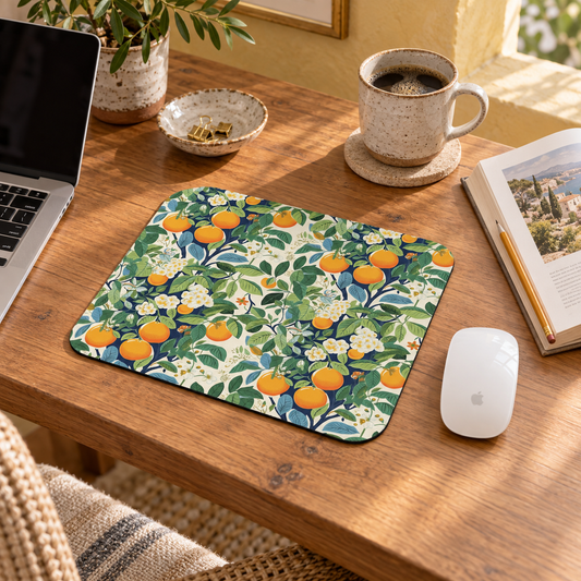 Happy Oranges & Blossoms Mouse Pad in a warm home workspace with a white Apple mouse.