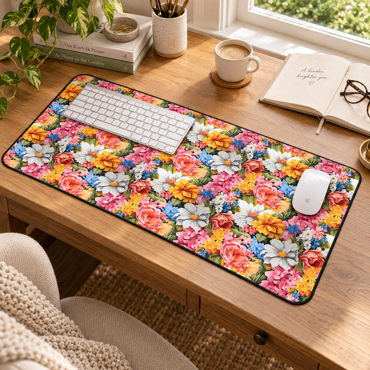 Chic Floral desk mat in a sunlit home workspace with a white Apple keyboard and mouse.