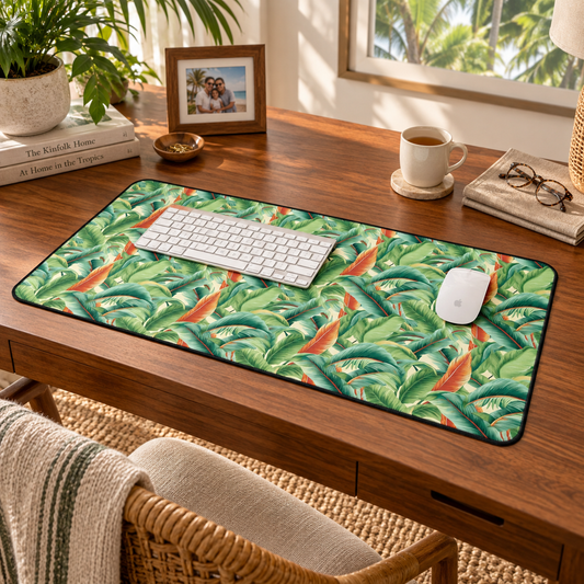 Tropical Old Miami Desk Mat (Desk Pad) in a warm home workspace with a white Apple mouse.