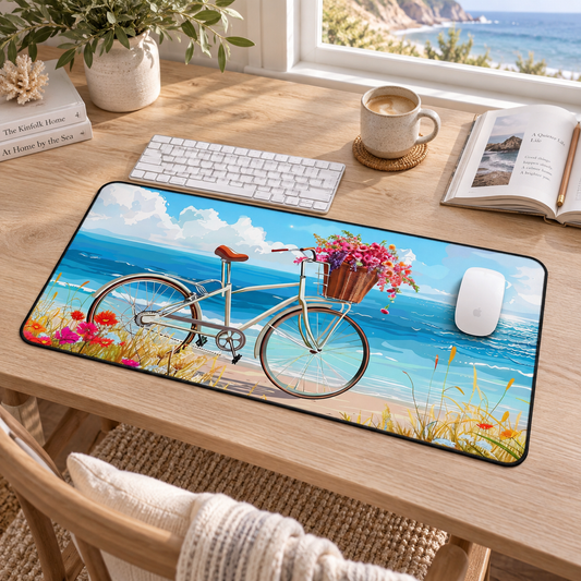 Daisy Beach Rider Desk Mat in a warm home workspace with a white Apple mouse.