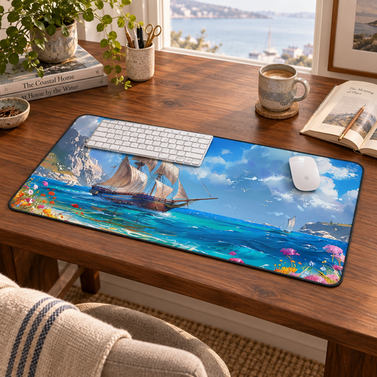 Sail Away into History Desk Mat (Desk Pad) in a warm home workspace with a white Apple mouse.