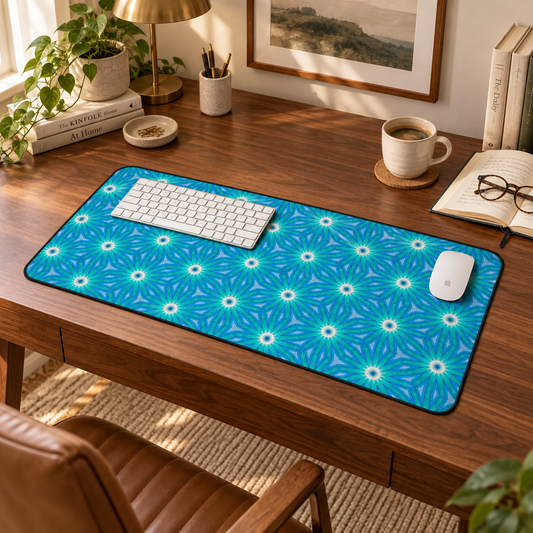 Sapphire Nebula Desk Mat (Desk Pad) in a warm home workspace with a white Apple mouse.