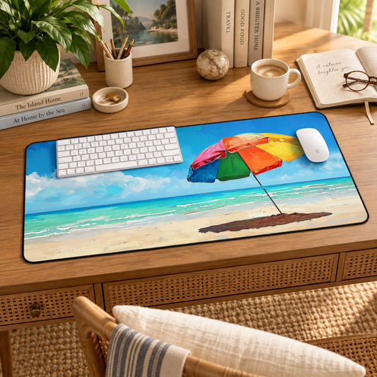 Tropical Tranquility Desk Mat (Desk Pad) in a warm home workspace with a white Apple mouse.