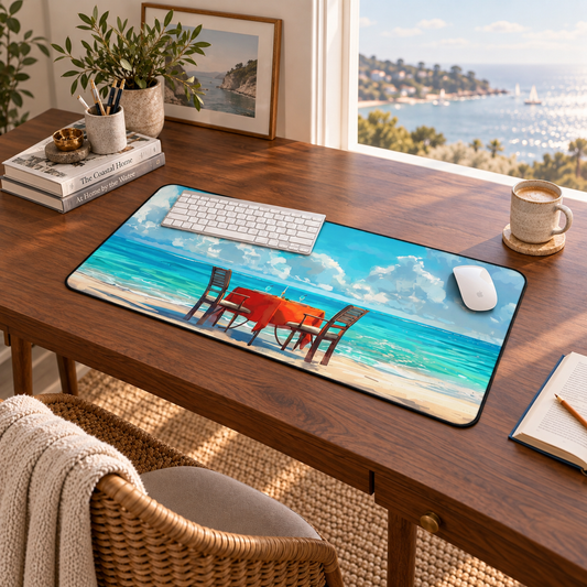 Beachside Dinner Delight Desk Mat (Desk Pad) in a warm home workspace with a white Apple mouse.