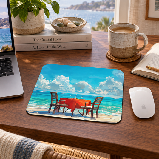Beachside Dinner Delight Mouse Pad in a warm home workspace with a white Apple mouse.