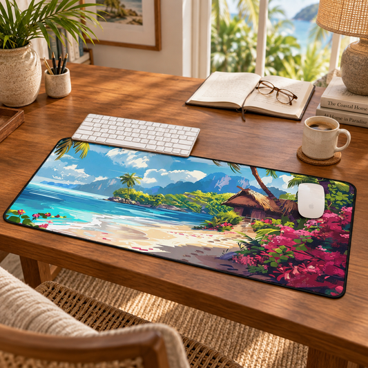 Bougainvillea Island Paradise Desk Mat (Desk Pad) in a warm home workspace with a white Apple mouse.