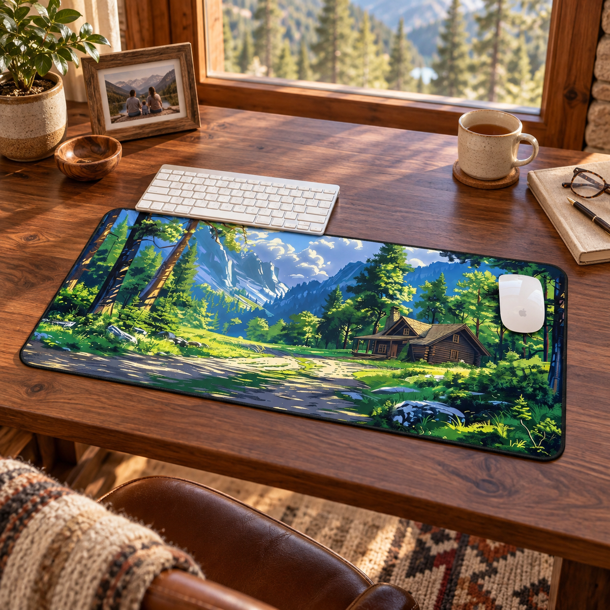 Dreams of a High Mountain Log Cabin Desk Mat (Desk Pad) in a warm home workspace with a white Apple mouse.