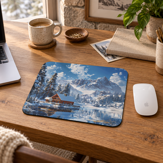 Winter Wonderland Retreat Mouse Pad in a warm home workspace with a white Apple mouse.