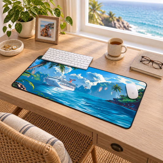 Caribbean Cruise Bliss Desk Mat in a warm home workspace with a white Apple mouse.