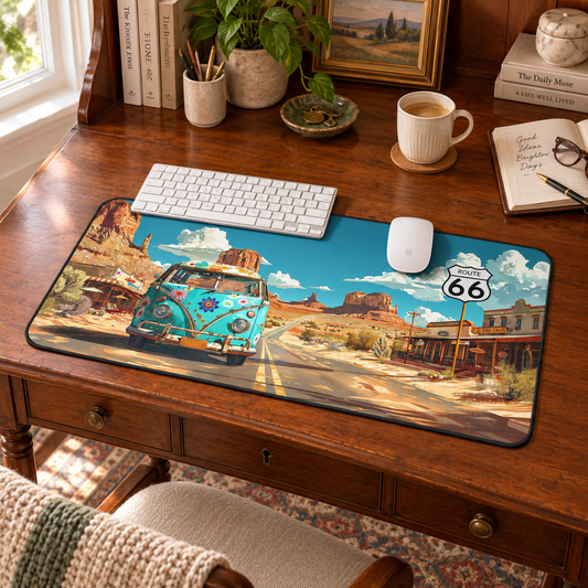 Route 66 Adventure Desk Mat (Desk Pad) in a warm home workspace with a white Apple mouse.