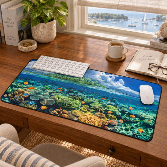 Coral Reef Dreamscape Desk Mat (Desk Pad) in a warm home workspace with a white Apple mouse.