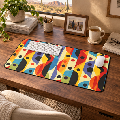 Linear Color Mesa Desk Mat (Desk Pad) in a warm home workspace with a white Apple mouse.