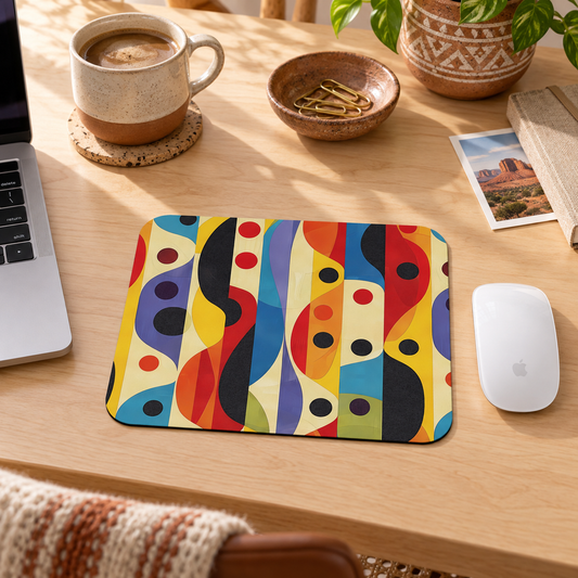 Linear Color Mesa Mouse Pad in a warm home workspace with a white Apple mouse.