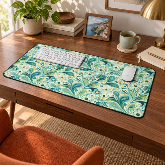 Whimsical Teal Floral Garden Desk Mat (Desk Pad) in a warm home workspace with a white Apple mouse.