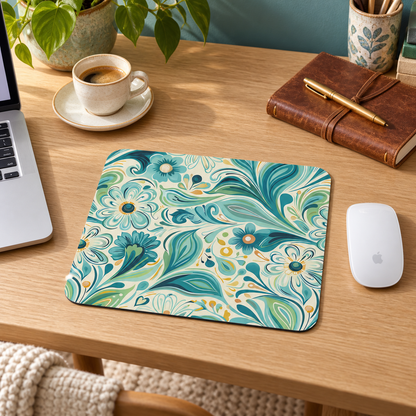 Whimsical Teal Floral Garden Mouse Pad in a warm home workspace with a white Apple mouse.