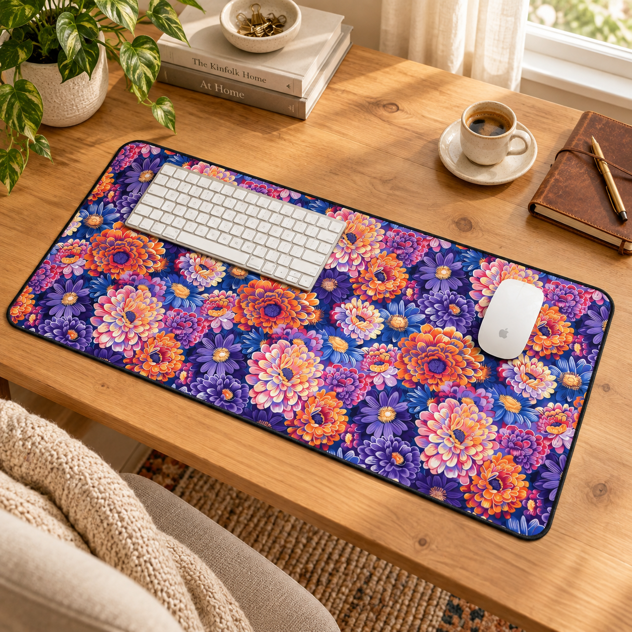 Zinnias in Bloom Desk Mat (Desk Pad) in a warm home workspace with a white Apple mouse.