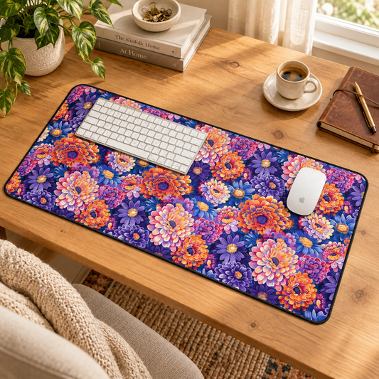 Zinnias in Bloom Desk Mat (Desk Pad) in a warm home workspace with a white Apple mouse.