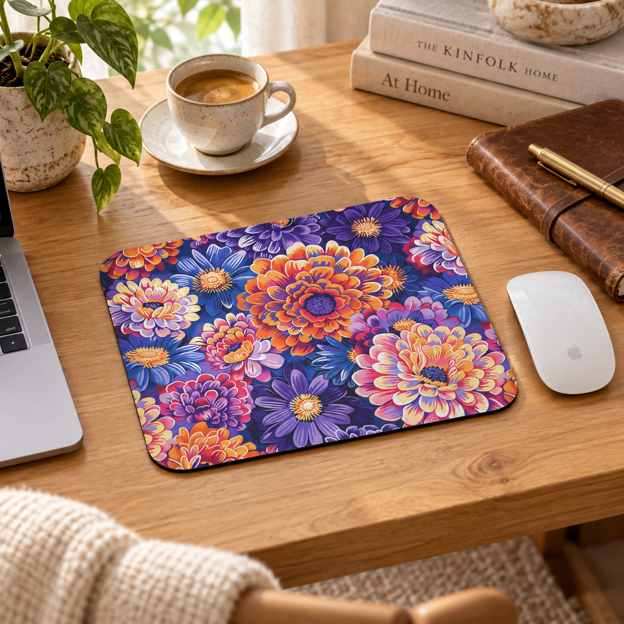 Zinnias in Bloom Mouse Pad in a warm home workspace with a white Apple mouse.