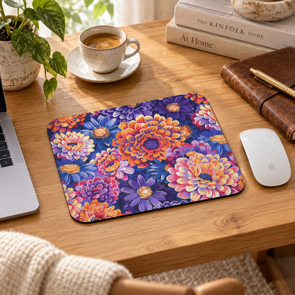 Zinnias in Bloom Mouse Pad in a warm home workspace with a white Apple mouse.