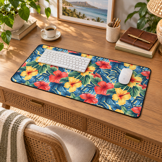 Hawaiian Hibiscus Bliss Desk Mat (Desk Pad) in a warm home workspace with a white Apple mouse.