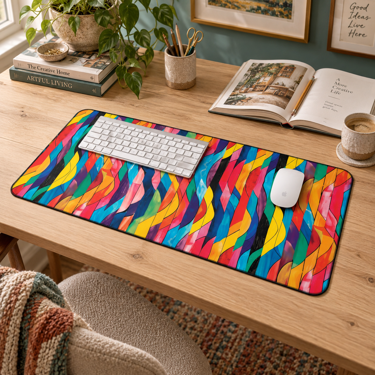 Retro Ripples Desk Mat (Desk Pad) in a warm home workspace with a white Apple mouse.