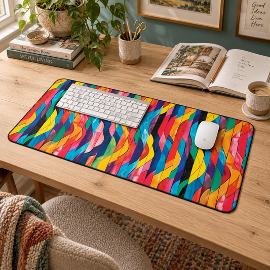 Retro Ripples Desk Mat (Desk Pad) in a warm home workspace with a white Apple mouse.