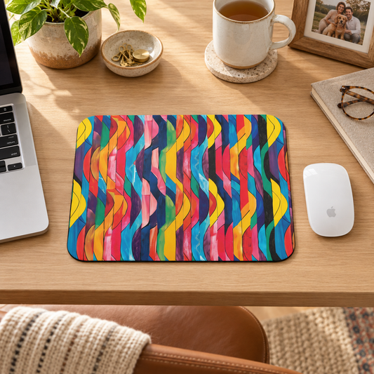 Retro Ripples Mouse Pad in a warm home workspace with a white Apple mouse.