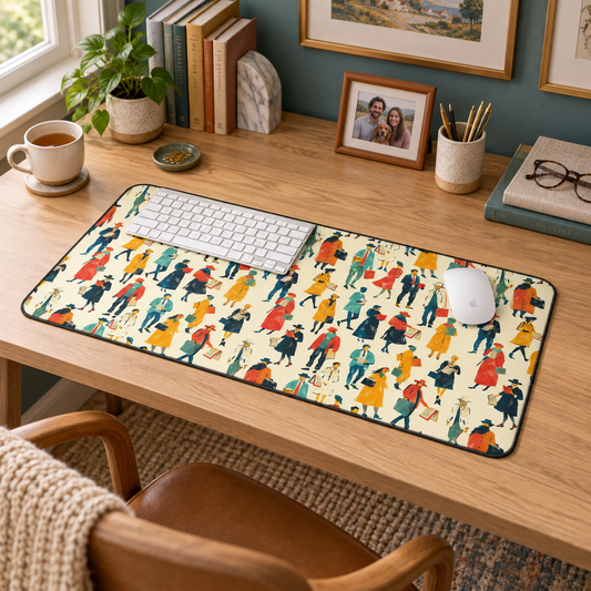 Literary People Desk Mat (Desk Pad) in a warm home workspace with a white Apple mouse.