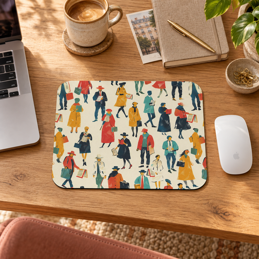 Literary People Mouse Pad in a warm home workspace with a white Apple mouse.