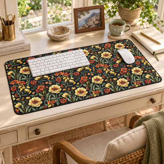 European Floral Tapestry Desk Mat (Desk Pad) in a warm home workspace with a white Apple mouse.