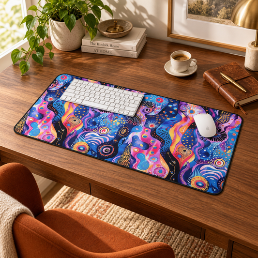 Purple Craziness Desk Mat (Desk Pad) in a warm home workspace with a white Apple mouse.