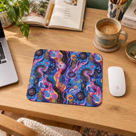 Purple Craziness Mouse Pad in a warm home workspace with a white Apple mouse.