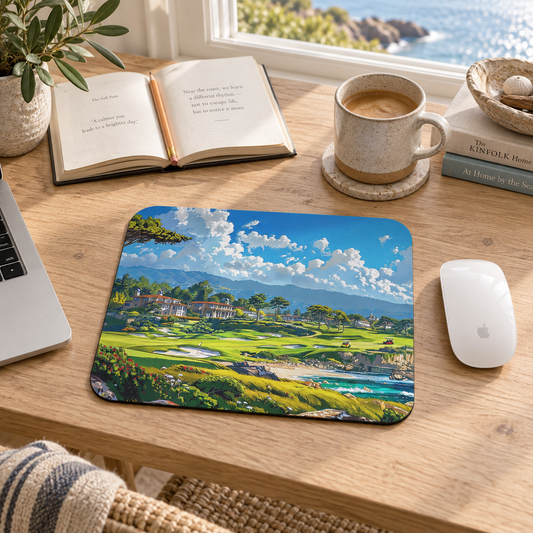 Cypress Shores Retreat Mouse Pad in a warm home workspace with a white Apple mouse.