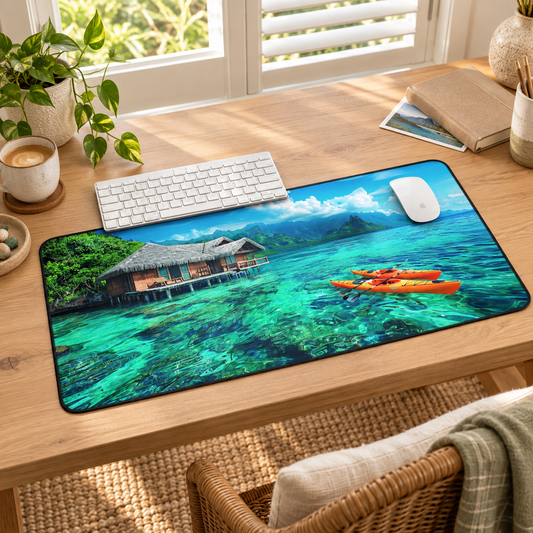Tropical Serenity Desk Mat (Desk Pad) in a warm home workspace with a white Apple mouse.