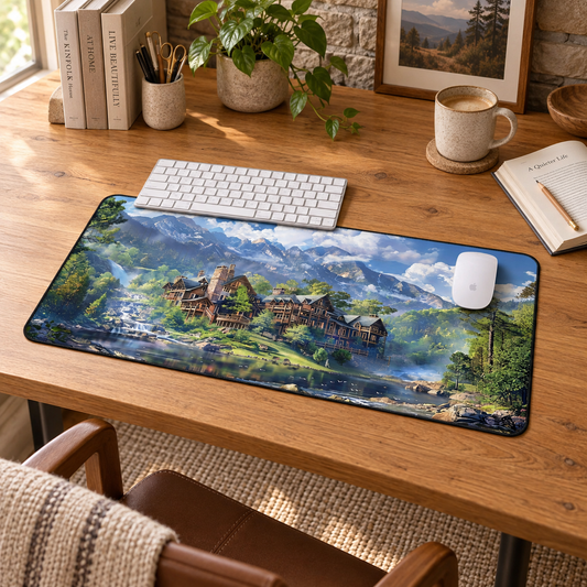 Grand Mountain Lodge Desk Mat (Desk Pad) in a warm home workspace with a white Apple mouse.