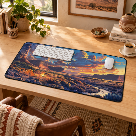Desert Sunset Serenade Desk Mat (Desk Pad) in a warm home workspace with a white Apple mouse.