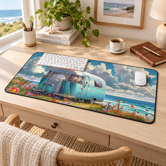Retro Beach Bliss Desk Mat (Desk Pad) in a warm home workspace with a white Apple mouse.